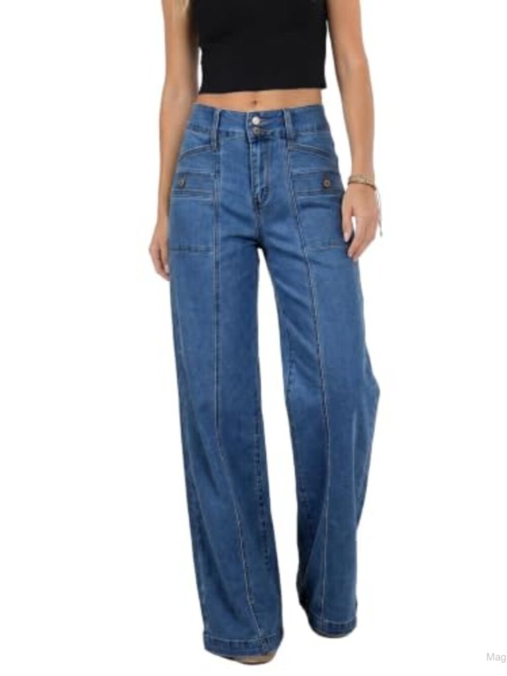 Wide Leg Jeans High Waisted Double Buttons Stretchy Straight Leg Denim Pants